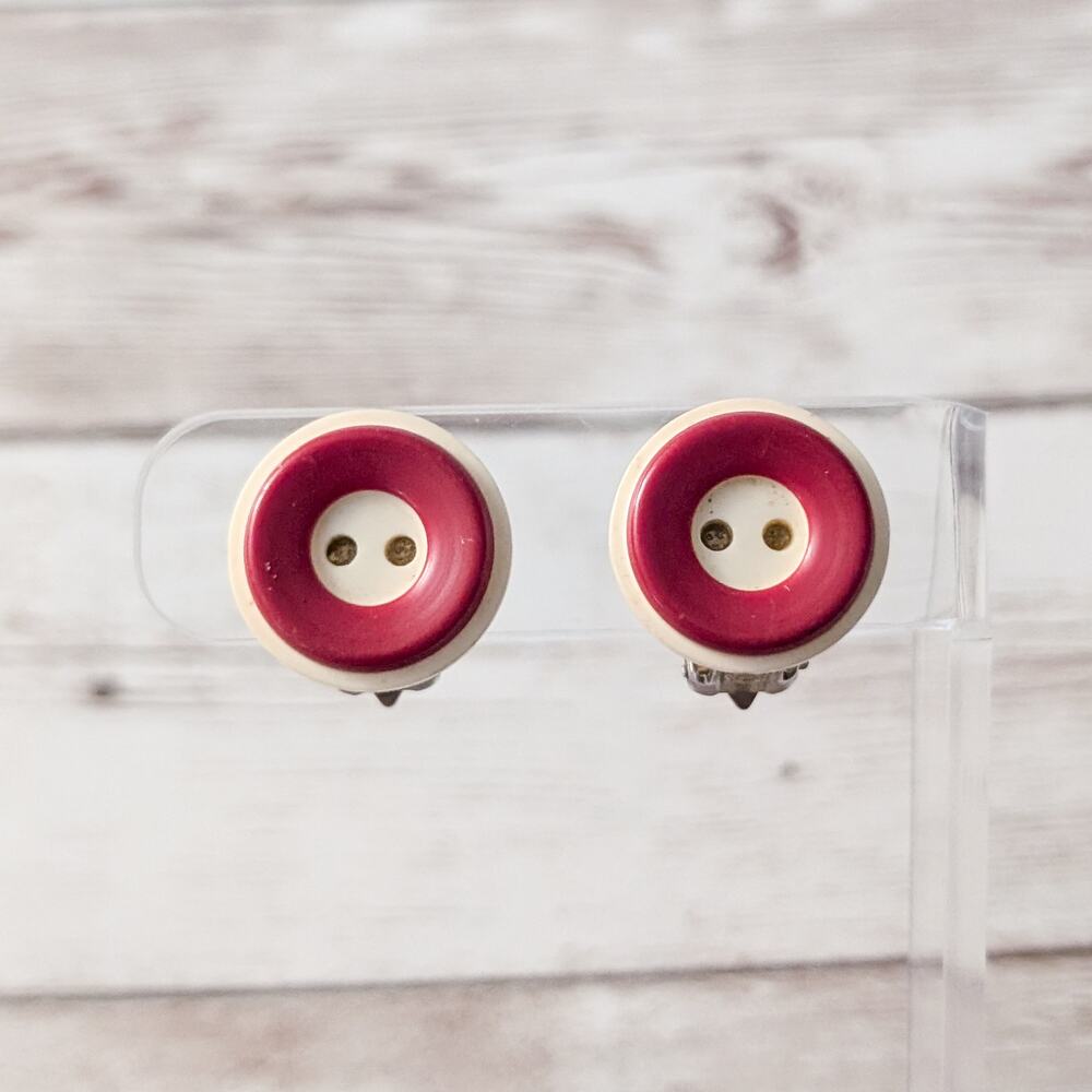 Vintage Clip On Earrings Red & Cream Button Design